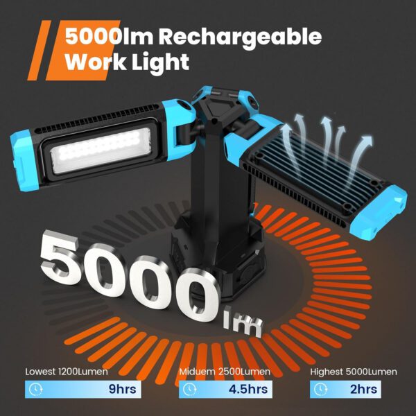 5000 Lumen Work Light with Stand, GoGonova 67'' Rechargeable Cordless Work Light with Triple LED Lamps, 1200/2500/5000 Lumen, - Image 3