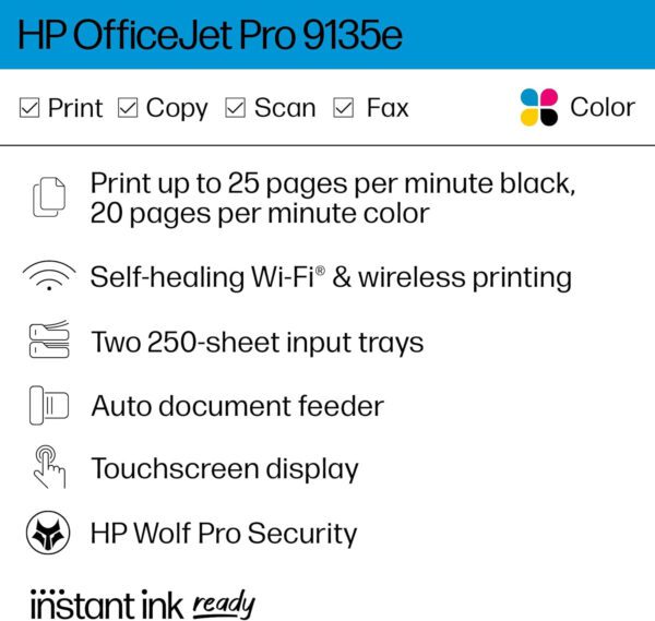 HP OfficeJet Pro 9135e All-in-One Printer, Color, Printer-for-Small Medium Business, Print, Copy, scan, fax, Wireless 3 months - Image 2