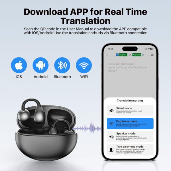 AI Translator Earbuds，Real Time 3-in-1 Translation Earbuds 144 Languages & Accents，Open-Ear Clip-On Design for Travel, - Image 8