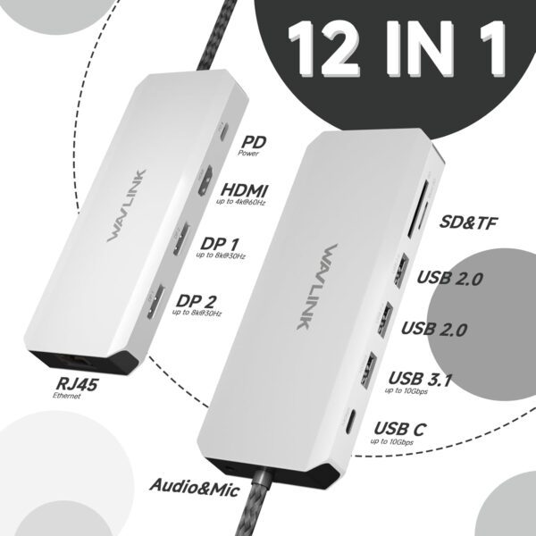 Laptop Docking Station, WAVLINK Displayport Docking Station with Dual DP, HDMI, 100W PD in, 10Gbps USB A/C, 2.5G Ethernet Port - Image 2
