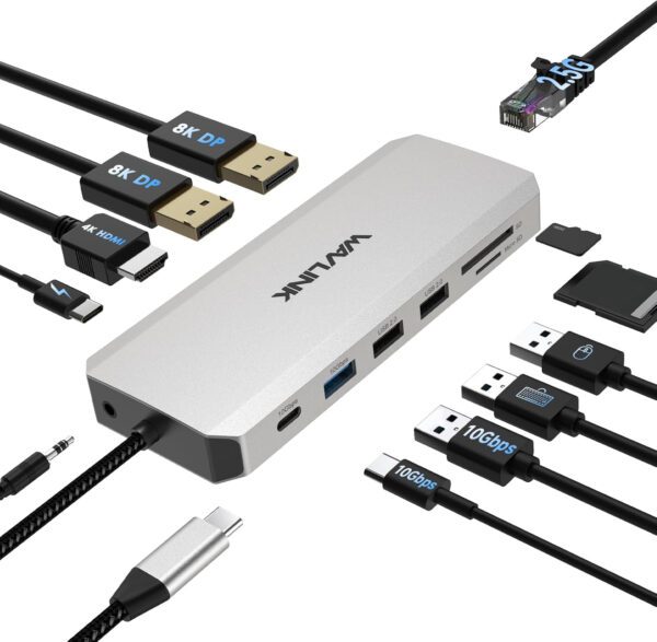 Laptop Docking Station, WAVLINK Displayport Docking Station with Dual DP, HDMI, 100W PD in, 10Gbps USB A/C, 2.5G Ethernet Port