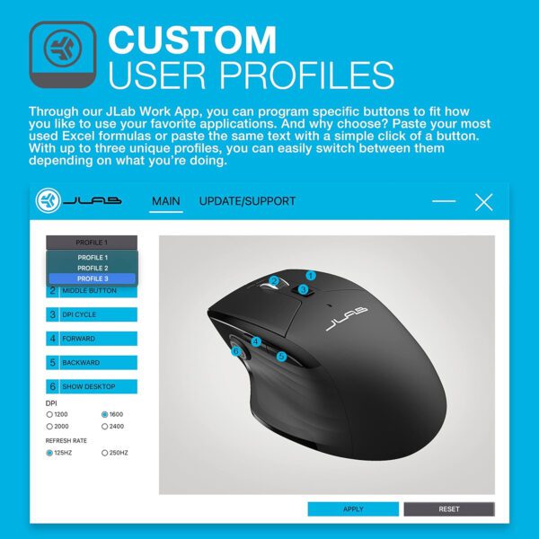 JLab JBuds Wireless Mouse, Connect Via Bluetooth or USB Wireless Dongle, Multi-Device Toggle, Up to Three Devices, Custom User - Image 3